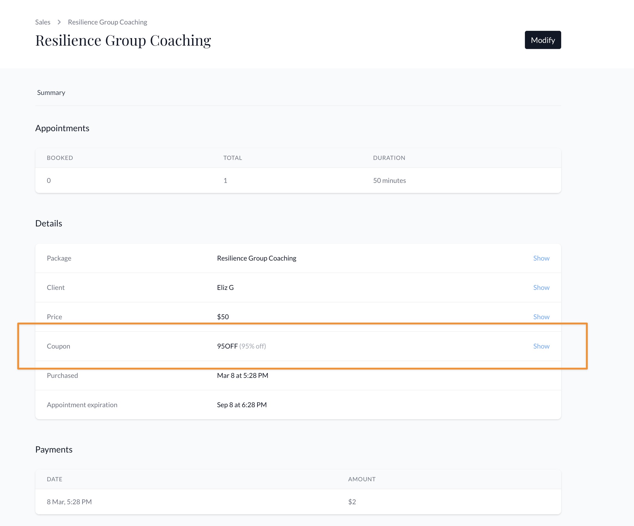 package receipt page with orange box around coupon line