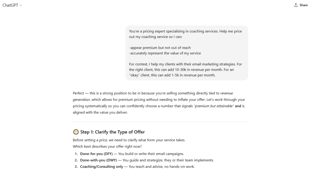 chatgpt prompts for marketing coaching pricing