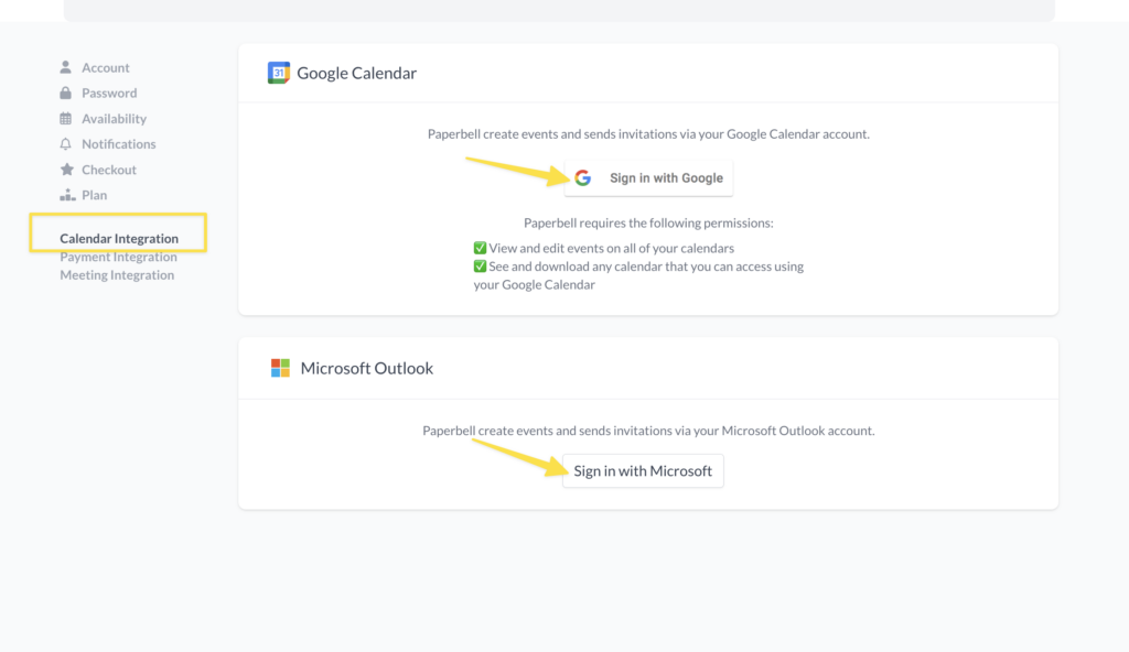 Image shows the Calendar settings page with a button for the Google account login and Microsoft Outlook account login. Both buttons have yellow arrows pointing to them. 